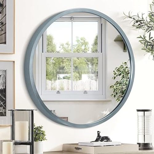 JJUUYOU Circular Wall Mirror Decorative Round Small Blue Decor Circle Metal Framed Make up for Farmhouse Living Room Bedroom Dorm 20Inch
