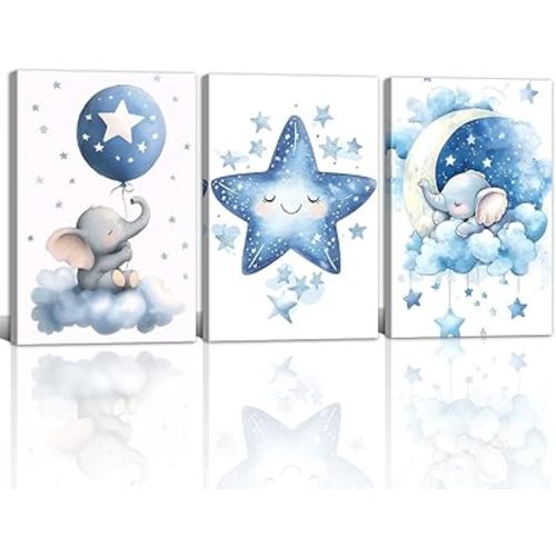 Nursery Canvas Wall Art Elephant Pictures Wall Decor Moon and Stars Painting Baby Boy Prints Cute Animal Poster Artwork for Kids Room Bathroom Decor Framed(Baby-1,12L x 16W x 3Pcs)
