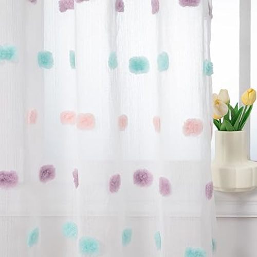 MYSKY HOME Rainbow Curtains for Bedroom Nursery Pom Pom Curtains Kids 84 Inch Length Long White Sheer Curtains 2 Panels Set for Living Room Girls Room Rod Pocket Farmhouse Dining Room 52 x 84 inch