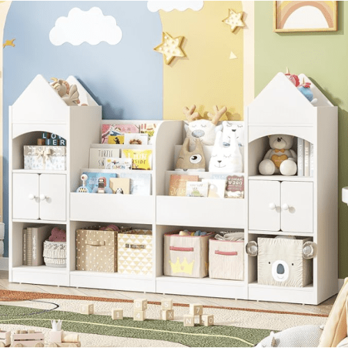 Halitaa Castle Shape Children's Bookshelf, Kids Bookcase Display Case Kids Toy Storage Organizer Multifunctional Storage Cabinet Bookshelf Suitable for Playroom, Children's Room, Living Room, White
