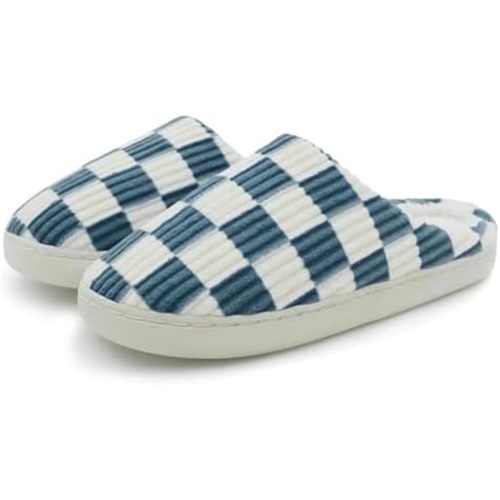 Women Home Fuzzy Slippers - Memory Foam Checkered Plaid Scuff Non-Slip Indoor Outdoor Comfortable Casual Soft Slides