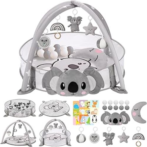 7-in-1 XL Large Baby Play Gym Mat, Tummy Time Mat, Baby Activity Mat, Baby Gym & Ball Pit with Tummy Time Pillow, 10 Balls, Milestone Cards & 5 Detachable Toys Grey Koala
