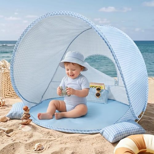 Tiny Land Baby Beach Tent, 2026 New Pop Up UPF 50+ Sun Protection | Portable Baby Beach Essentials, 35.4"x27.6"x31.5" Sun Shelter for Infants, Baby Summer Outdoor Use, Light Blue Gingham