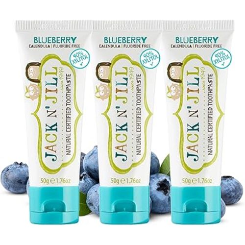 Jack N' Jill Natural Toddler Toothpaste - Fluoride Free Training Toothpaste for Toddlers 1-3, 40% Xylitol, BPA Free - Blueberry 1.76 oz (Pack of 3)