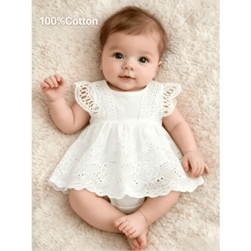 baby girls white eyelet lace romper dress, hollow crochet cap sleeve, floral embroidery scalloped hem bodysuit dress, back button closure and snap buttons, ideal for , daily wear, wedding and casual outdoor occasions - kids' fashion - Temu