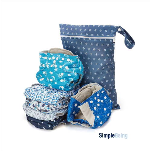 Simple Being Reusable Cloth Diapers, Double Gusset, One Size Adjustable, Washable Soft Absorbent, Waterproof Cover, Eco-Friendly Unisex Baby Girl Boy, six 4-Layers Microfiber Inserts (Under The Sea)
