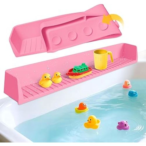 Splash Guard for Bathtub Kids - Silicone Bathtub Splash Guard with 11 Suction Cups, Bath Tub Play Shelf for Kids & Toy Holder, Prevent Water Spill in Bathroom, Fun Bath Time for Toddlers Baby, Pink