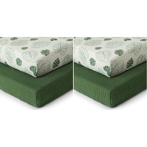 Blissful Diary Muslin Crib Sheets for Girl Boy, Boho Neutral Soft Cotton Baby Sheet for 52''x28'' Standard Crib Mattress, 4 Pack(Monstera&Dark Green)