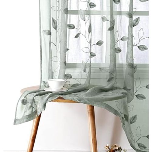 HOMEIDEAS Sage Green Sheer Curtains 52 X 63 Inches Length 2 Panels Embroidered Leaf Pattern Pocket Faux Linen Floral Semi Sheer Voile Window Curtains/Drapes for Bedroom Living Room