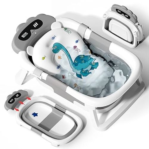 AVIDOR Baby Bathtub,Collapsible Bathtub for Newborn to Toddler,Durable Essential Infant Bath Tub,Portable Travel Baby Tub with Soft Bath Net,No-Slip Feet and Dinosaur Shaped (Grey)