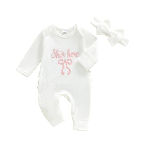 Baby Girls Clothes She Is Here Embroidery Romper Bow Waffle Knit Ruffled Newborn Infant Winter Fall Outfit with Headband
