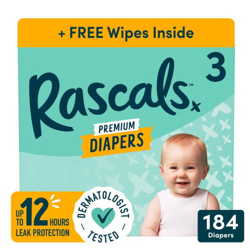 Rascals Premium Absorbent Baby Diapers Size 3, 184 Count, with 5 Sensitive Infant Wipes