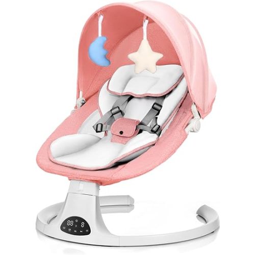 Baby Swing for Newborn to Toddler, 5 Speed Portable Infant Swing with Bluetooth Touch, Remote Control, 10 Lullabies, Timer, 5 Point Harness and Soft Fabric (Pink)