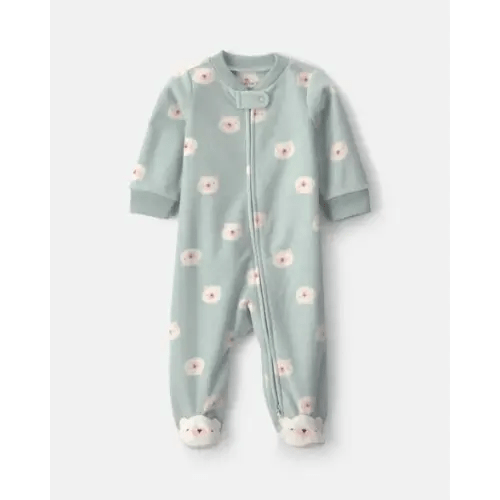 Baby Girl Bear Fleece 2-Way Zip Sleep & Play Pajamas - Green | Carter's