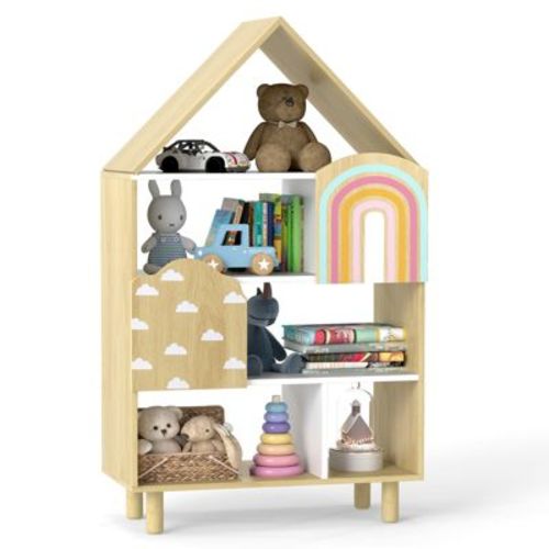 Costway House-Shaped Kids Bookshelf 4-Tier Toy Storage Organizer w/ Open Compartments