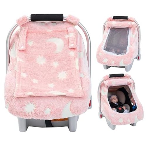 Baby Car Seat Cover, Infant Car Seat Cover Glow in The Dark, Cozy & Warm Carseat Canopy for Girls Boys, Baby Carrier Cover with Zipper Peep Windows for Baby Registry Essentials