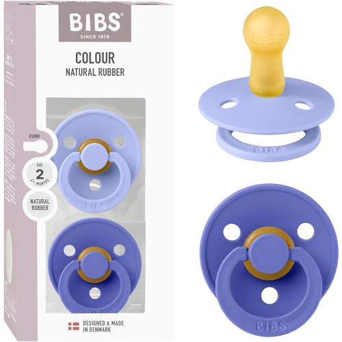 BIBS Color Pacifier 2-Pack, BPA Free Pacifiers, Round Nipple. Natural Rubber Latex, Size 1 (0-6 Months), Hush/Grape