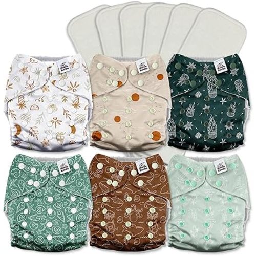 Mama Koala 3.0 Cloth Diapers for Babies with AWJ Lining, 6 Pack with 6 5-Layer Natural Cloth Diaper Inserts - Reusable and Washable Pocket Diapers(A-Seashore)