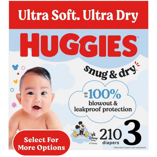 Huggies Snug & Dry Baby Diapers, Size 3 (16-28 lbs), 210 Count (Select for More)