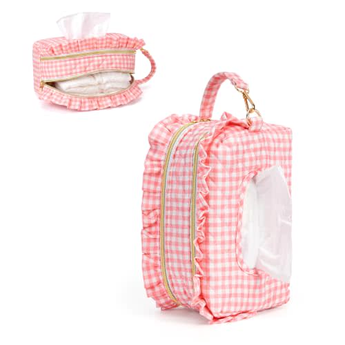 Double-Layer Wipe Holder Quilted Wipes Bag Small Hanging Diaper Bag Portable Wipe Pouch for Stroller, Home, Travel (Pink Checker)
