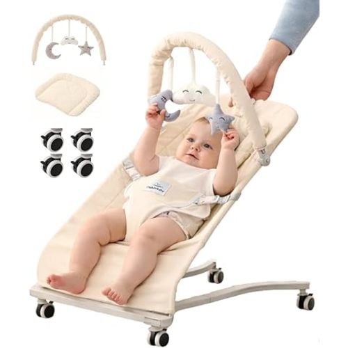 Cuddobaby Baby Bouncer on Wheels |100% Cotton, Head Support Cushion| Soft Plushies, 3-Level Adjustable Bouncer Seat for Babies 0-12 Months, Bouncy Chair up to 20Lbs, Baby Shower - Oat