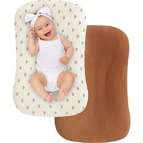 UBBCARE 2 Packs Muslin Baby Lounger Cover, Baby Nest Sleeper Cover for Baby Boys and Girls, Washable Slipcover Fit Infant Lounger, Organic Lounger Cover for Newborn - Rainbow&Brown