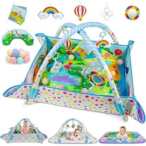 Dr.Rapeti Baby Play Gym Mat Animal Planet with Ball Pit Activity Gym Center Tummy Time Mat Thickened Mat Sensory Exploration Motor Skill Development for Newborn Infant Baby Toddler for 0+