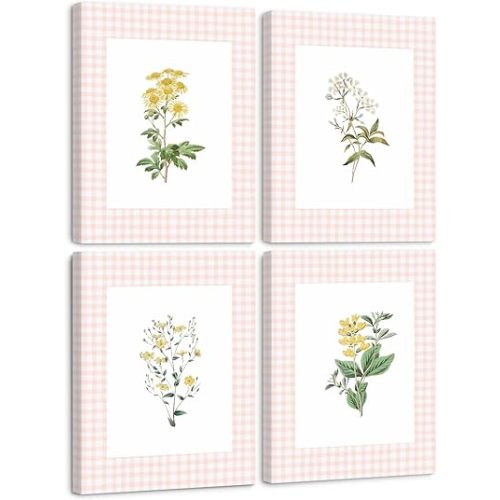 Floral Wall Art Decor Nursery Flower Canvas Wall Art Prints Vintage Wildflower Nursery Wall Decor Baby Girls Floral Poster Vintage Botanical Pictures for Bedroom 8x10 Inch Ready to Hang Set of 4