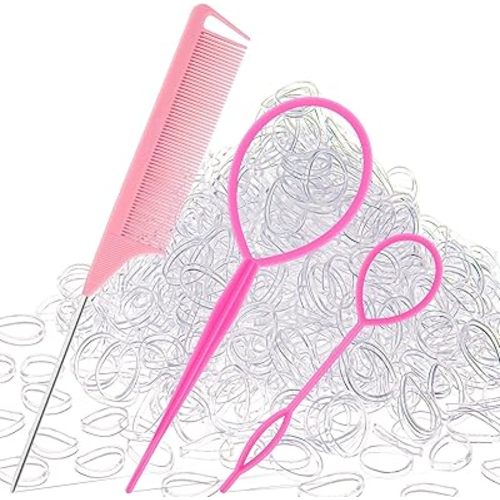 1000Pcs Hair Rubber Bands, Soft Small Hair Elastics for Girls and Women, 2pcs Topsy Tail Tools, 1 Rat Tail Comb, Pink Schembo