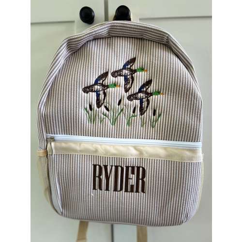Back to school backpacks; seersucker backpack; ducks; mallard ducks; hunting ducks; monogrammed backpack; personalized backpack
