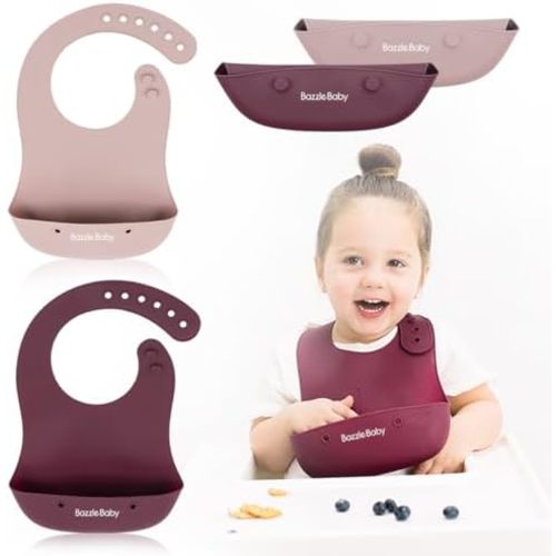 Bazzle Baby Silicone Bibs with Food Catcher - Rolls Up and Button closed for easy travel and storage Waterproof 2-Pk