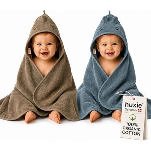 Hooded Baby Towels – 100% Organic Cotton Baby Bath Towels – Baby Boy Newborn Essentials - Super-Soft and Absorbent. (2-Pack Dino Tradewins and Moss Green)