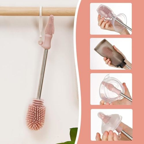 haakaa Silicone Cleaning Brush Kit-Baby Bottle Brush Scrubber for Breast Pump,Nipple,Breastmilk Storage Bag,Reusable Straws,Sippy Cup-Soft Food Grade Silicone Bristle,Portable - Blush