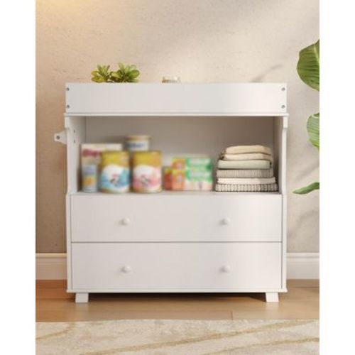 Baby Changing Table Dresser with 2 Drawers, Nursery Dresser with Open Storage Space, Diaper Changing Station for Bedroom, Kids Room, Baby Room, White