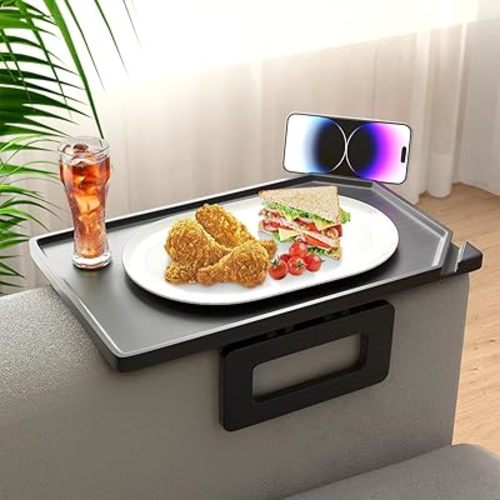 Smatdecis Couch Arm Tray Table Sofa Arm Clip, Armrest Tray Table Suitable for Home Drinks/Fast Food/Fruit Etc, Large Size Multi-Function Black(Dual Phone/Tablet Holder)