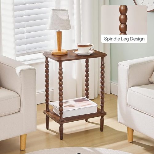 HOOBRO End Table, 2-Tier Small Side Table with Spindle Legs, Nightstand with Storage Shelves, Sofa Side Table, for Small Space, Living Room, Bedroom, Walnut WL189BZ01