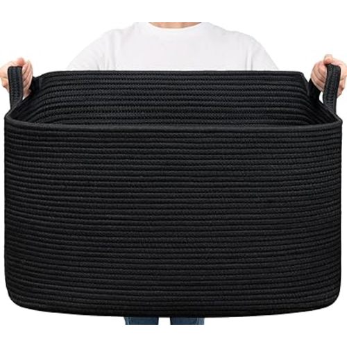 Goodpick Large Storage Basket, Extra Large Cotton Rope Basket for Pillows, Rectangle Blanket Storage Living Room, Dirty Clothes Laundry Basket, 23.6" x 15.7" x 13.8", Black