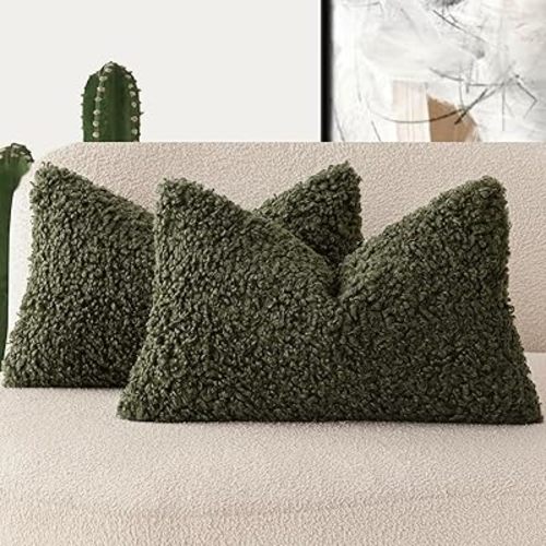 Foindtower Set of 2 Curly Teddy Wool Pillow Covers Decorative Boucle Textured Lumbar Throw Pillow Faux Fur Sherpa Pillowcases Sheepskin Fuzzy Cushion Case for Sofa Bedroom Car 12"x20" Olive Green