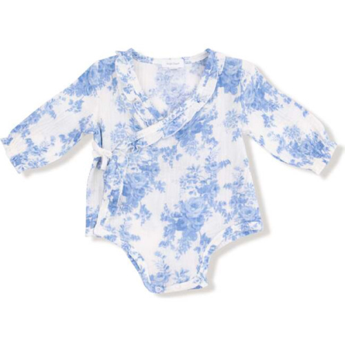 Long Sleeve Kimono Bodysuit with Ruffle + Elastic Cuff Dream Cottage Floral Blue - Angel Dear Rompers | Maisonette