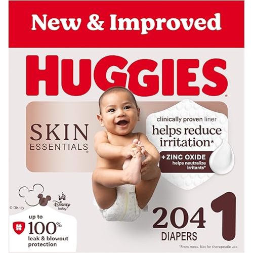 Huggies Size 1 Diapers, Skin Essentials Baby Diapers, Size 1, 204 Count