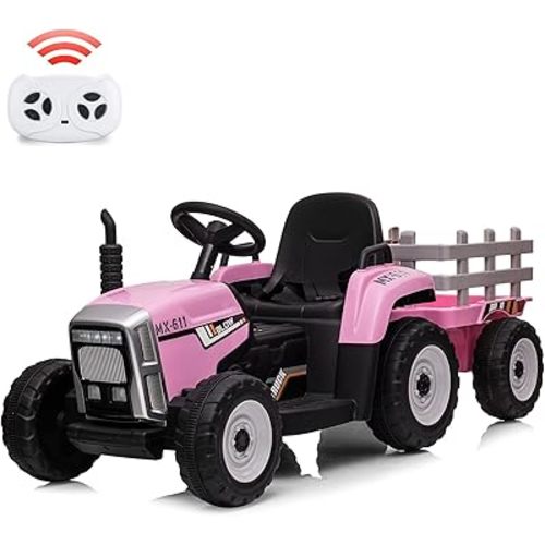 12V Kids Battery Powered Electric Tractor with Trailer, Toddler Ride On Car w/Remote Control/ 7-LED Headlights/ 2+1 Gear Shift/ MP3 Player/USB Port for Kids 3-6 Years (Pink, 25W/ Tread Tire)