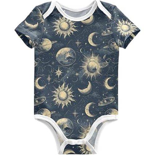 Wudan Sun Moon Galaxy Navy Bodysuit for Baby Short Sleeves Cotton Baby Girl Romper 3M