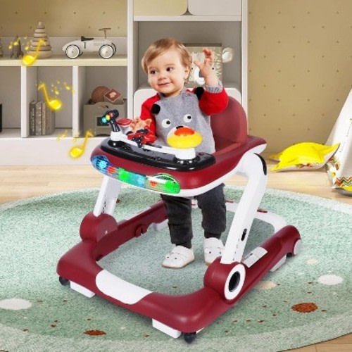 Kinder King 5-in-1 Baby Walker with Music & Lights, Activity Walker for Toddler, Adjustable Height, Safety Bumper, Red