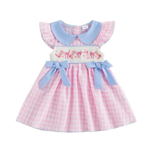 Gaono Toddler Baby Girl Western Plaid Dress Fly Sleeve Boots Embroidery Smocked Princess Sundress Cowgirl Summer Farm Clothes