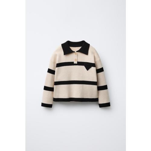 STRIPED HEART KNIT POLO SHIRT - Ecru / Black | ZARA United States