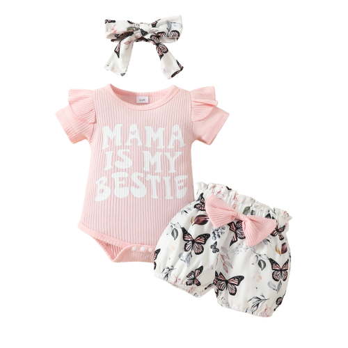 FEORJGP Infant Baby Girls 3Pcs Summer Outfit Newborn Short Sleeve Jumpsuit Crew Neck Bodysuit Solid Ribbed Romper + Butterfly Shorts + Headband Set Toddler Girl Cute Casual Clothes