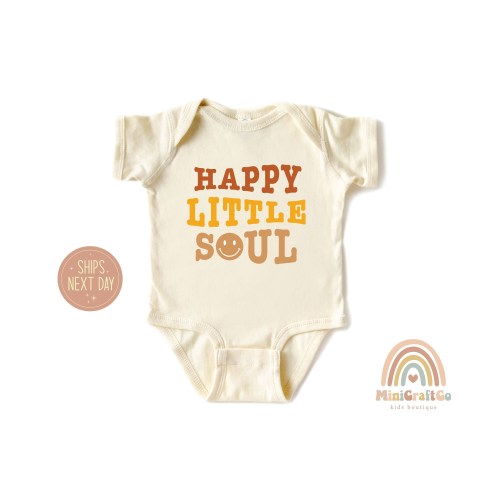 Happy Little Soul Baby Onesie® - Cute Boho Natural Baby Bodysuit, Happy Spirited Baby Bodysuit, Retro Hippie Shirt For Toddler,Boho Baby Tee