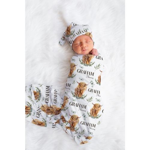 Highland Cow Swaddle Blanket, Cow Personalized Baby Blanket, Personalized Baby Blanket, Baby Shower Gift, Highland Cow Swaddle Set C21
