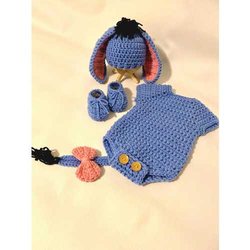 Eeyore inspired, crochet newborn outfit, costume, Pooh themed baby shower gift. NEWBORN SIZE ONLY!