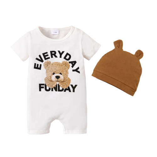 Mikrdoo Summer Clothes For 0-3 Months Newborn Baby Boys Cute Bear Print Short Sleeve Bodysuits With Hat 2Pcs Romper Sets White